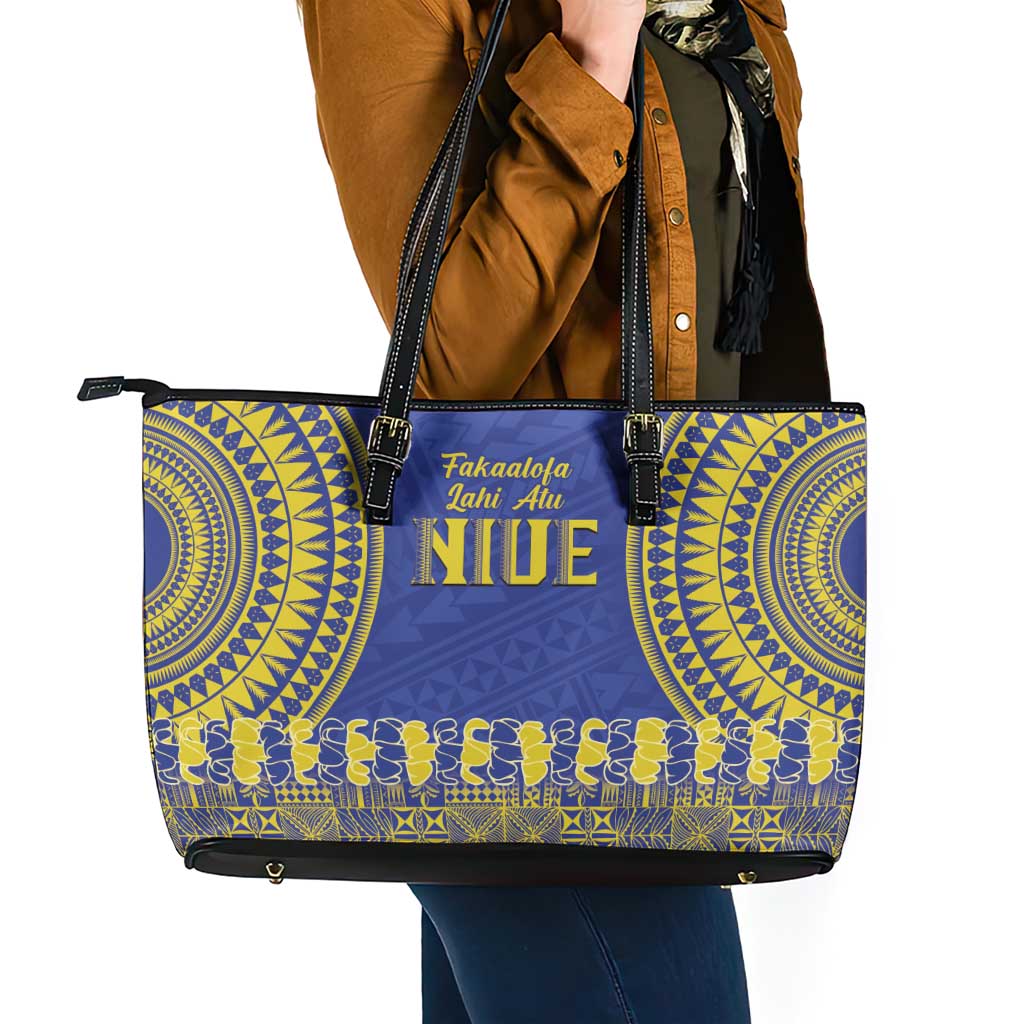 Fakaalofa Lahi Atu Niue Leather Tote Bag Siapo Pattern With Puakenikeni LT14 - Polynesian Pride