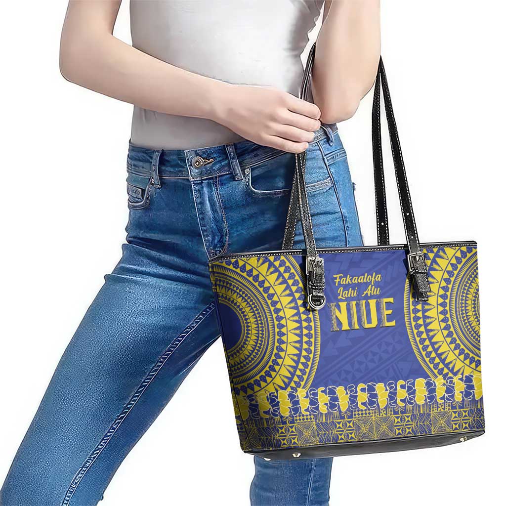 Fakaalofa Lahi Atu Niue Leather Tote Bag Siapo Pattern With Puakenikeni LT14 - Polynesian Pride