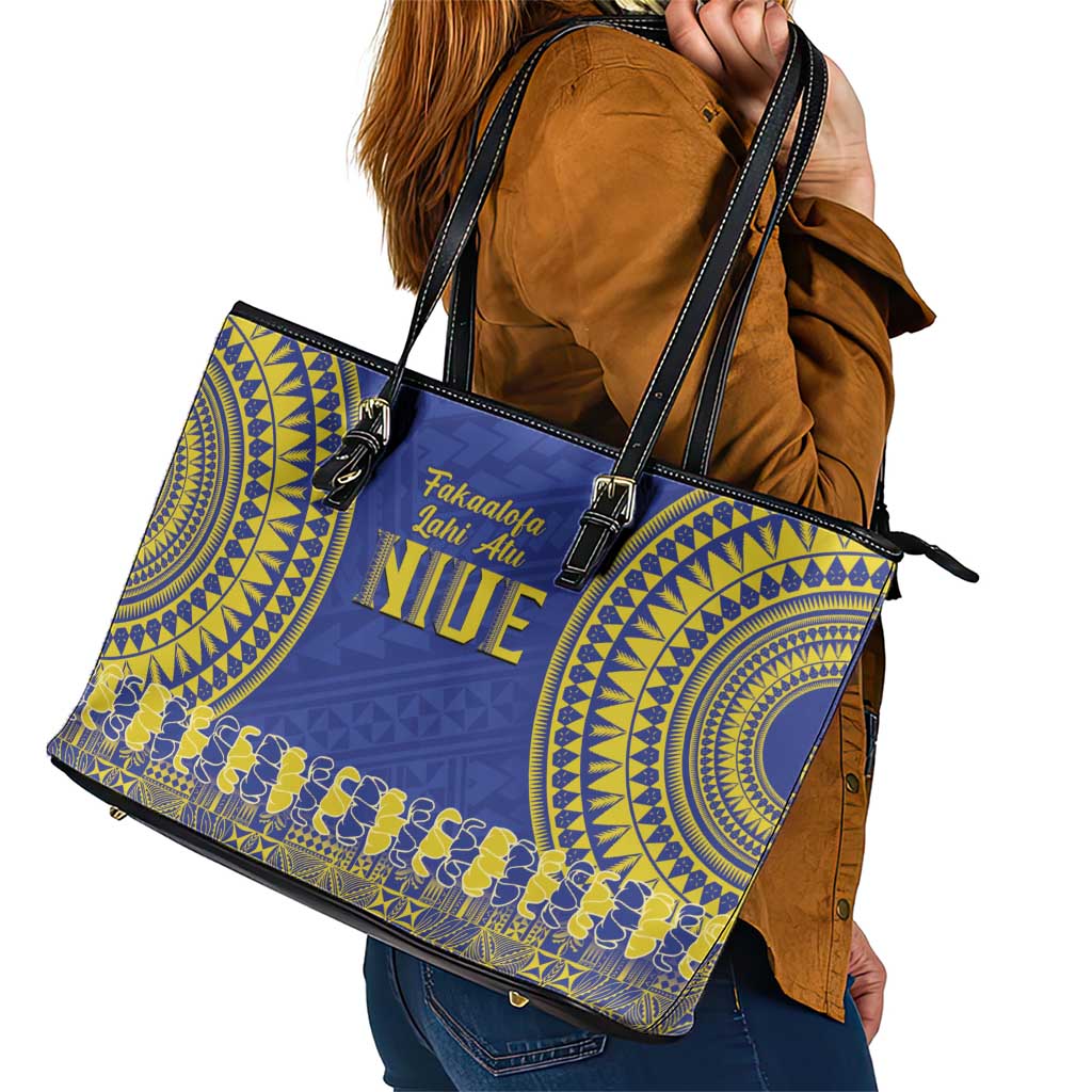 Fakaalofa Lahi Atu Niue Leather Tote Bag Siapo Pattern With Puakenikeni LT14 - Polynesian Pride