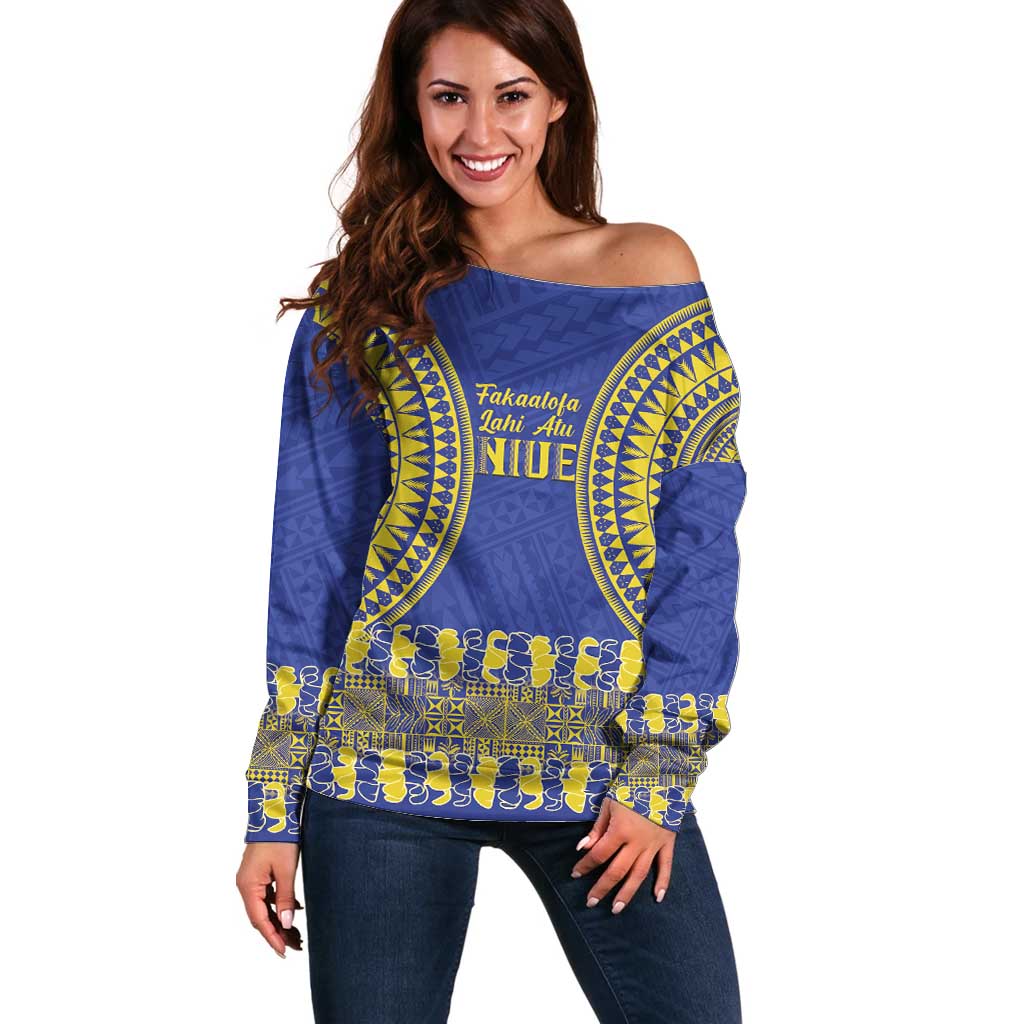 Fakaalofa Lahi Atu Niue Off Shoulder Sweater Siapo Pattern With Puakenikeni