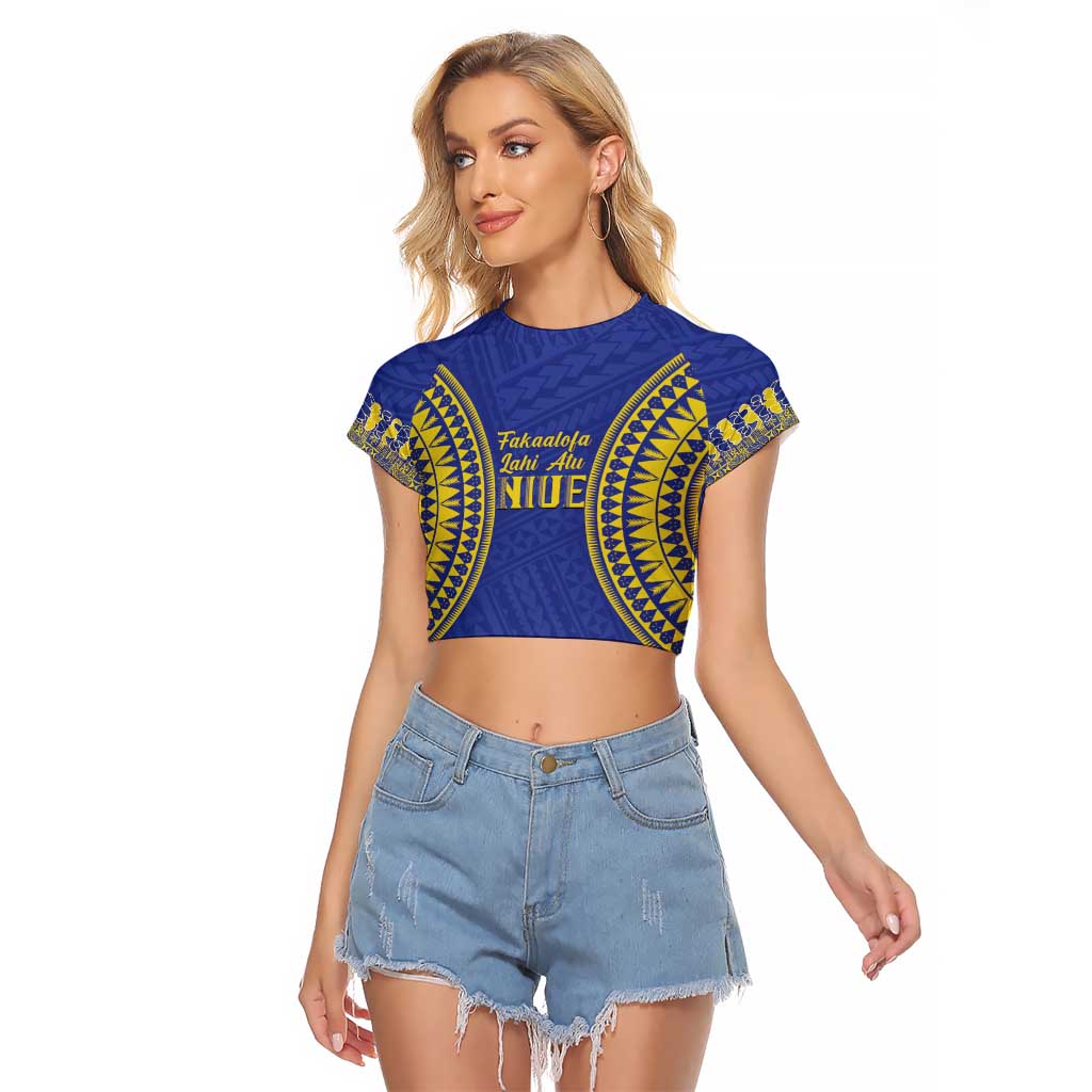 Fakaalofa Lahi Atu Niue Raglan Cropped T Shirt Siapo Pattern With Puakenikeni LT14 Female Blue - Polynesian Pride