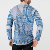 Niue Language Week Button Sweatshirt The Rock Coconut Crab - Siapo Blue Pastel LT14 - Polynesian Pride