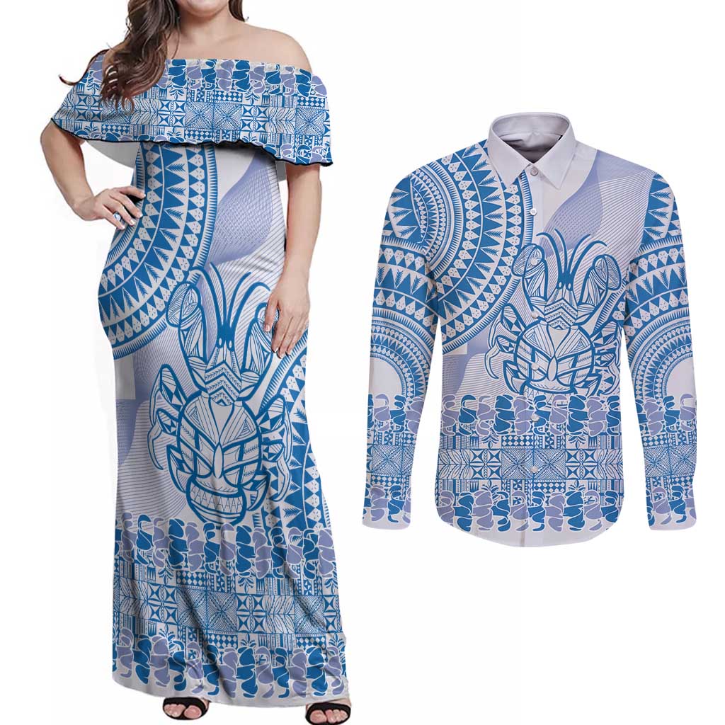 Niue Language Week Couples Matching Off Shoulder Maxi Dress and Long Sleeve Button Shirt The Rock Coconut Crab - Siapo Blue Pastel