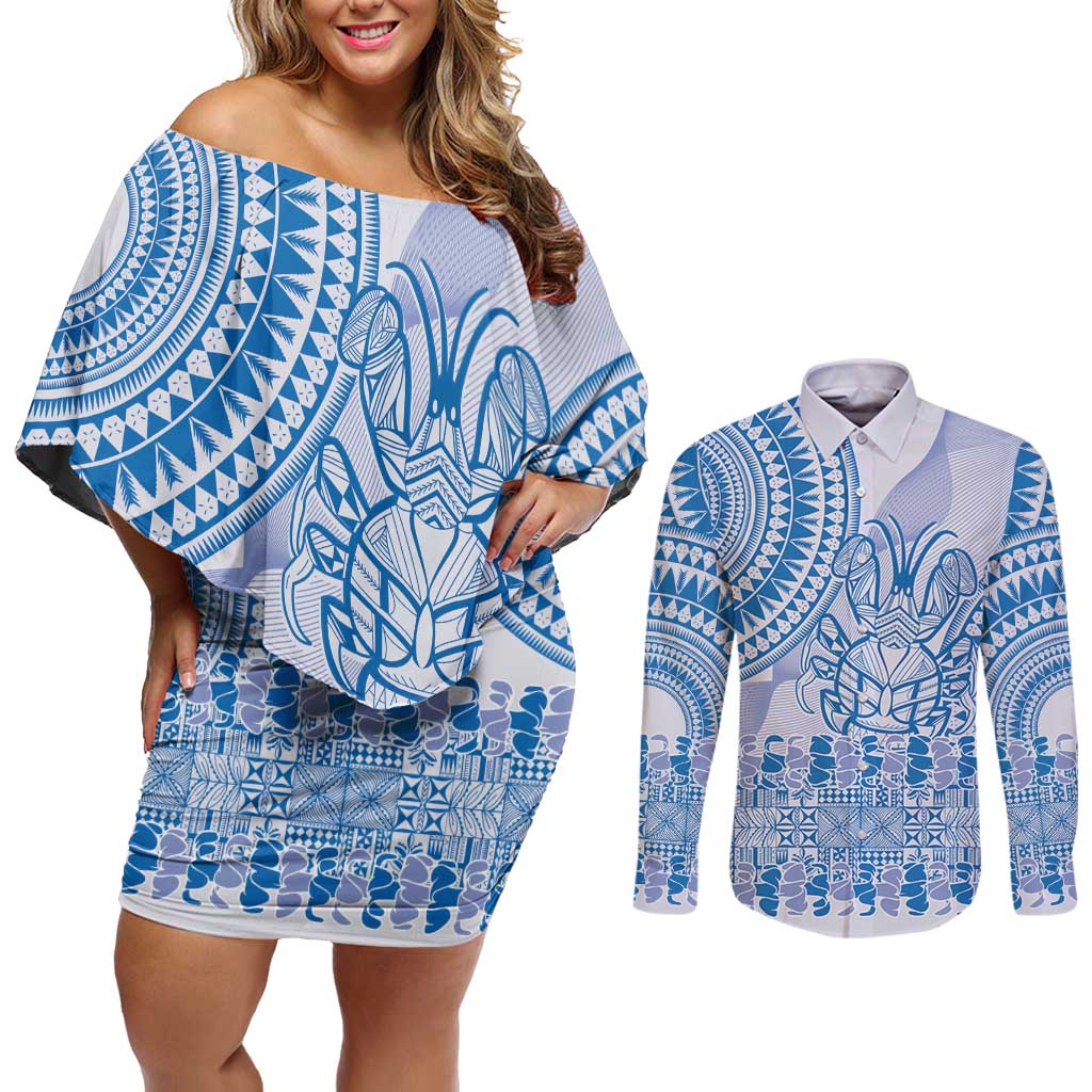 Niue Language Week Couples Matching Off Shoulder Short Dress and Long Sleeve Button Shirt The Rock Coconut Crab - Siapo Blue Pastel