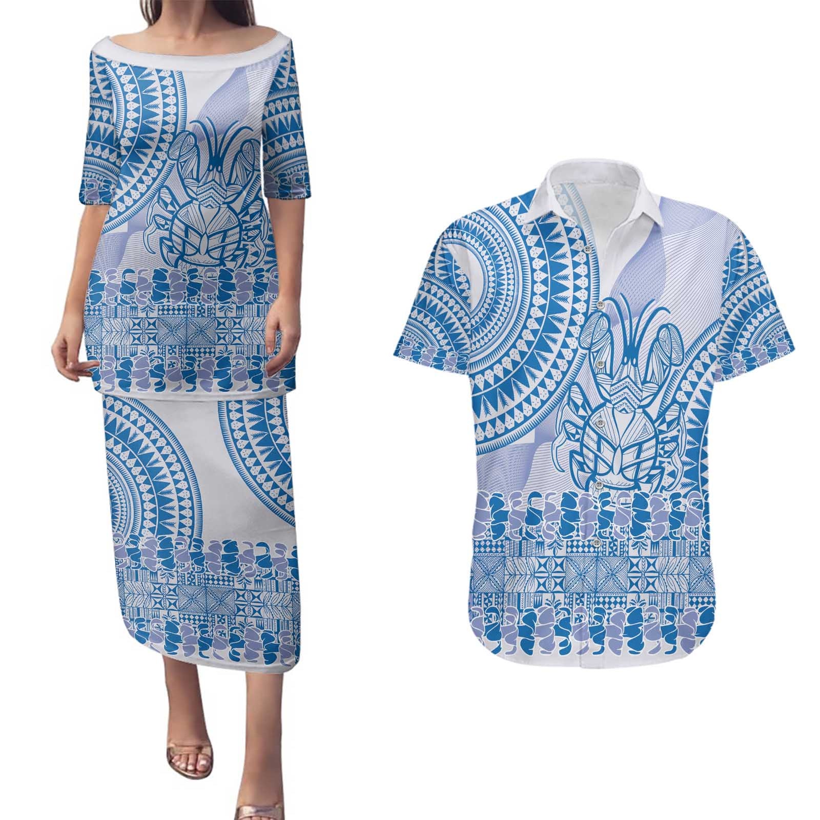 Niue Language Week Couples Matching Puletasi and Hawaiian Shirt The Rock Coconut Crab - Siapo Blue Pastel LT14 Blue - Polynesian Pride