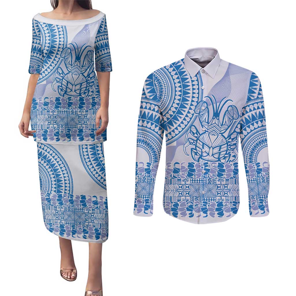 Niue Language Week Couples Matching Puletasi and Long Sleeve Button Shirt The Rock Coconut Crab - Siapo Blue Pastel LT14 Blue - Polynesian Pride