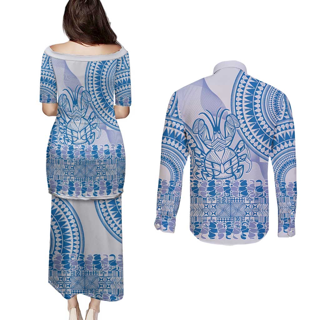 Niue Language Week Couples Matching Puletasi and Long Sleeve Button Shirt The Rock Coconut Crab - Siapo Blue Pastel LT14 - Polynesian Pride