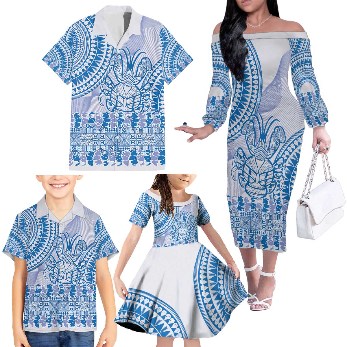 Niue Language Week Family Matching Off The Shoulder Long Sleeve Dress and Hawaiian Shirt The Rock Coconut Crab - Siapo Blue Pastel