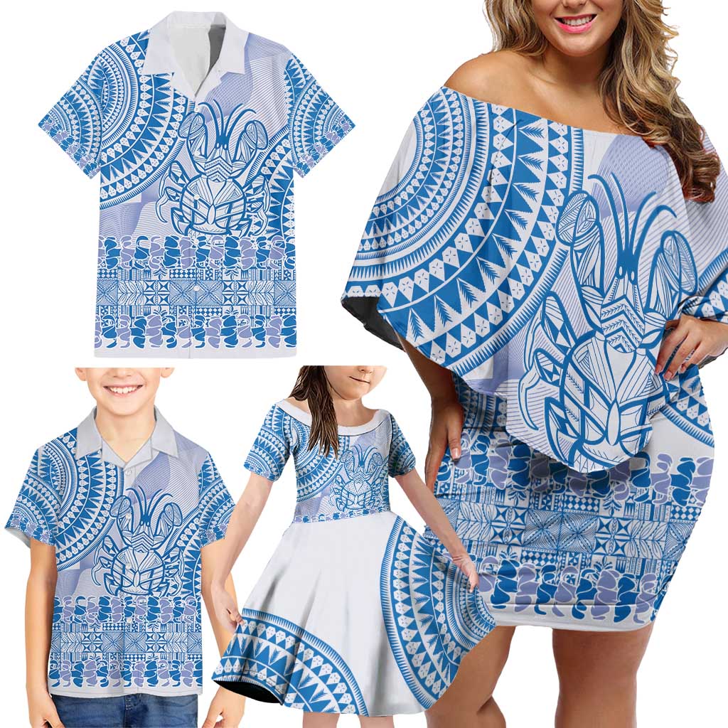 Niue Language Week Family Matching Off Shoulder Short Dress and Hawaiian Shirt The Rock Coconut Crab - Siapo Blue Pastel