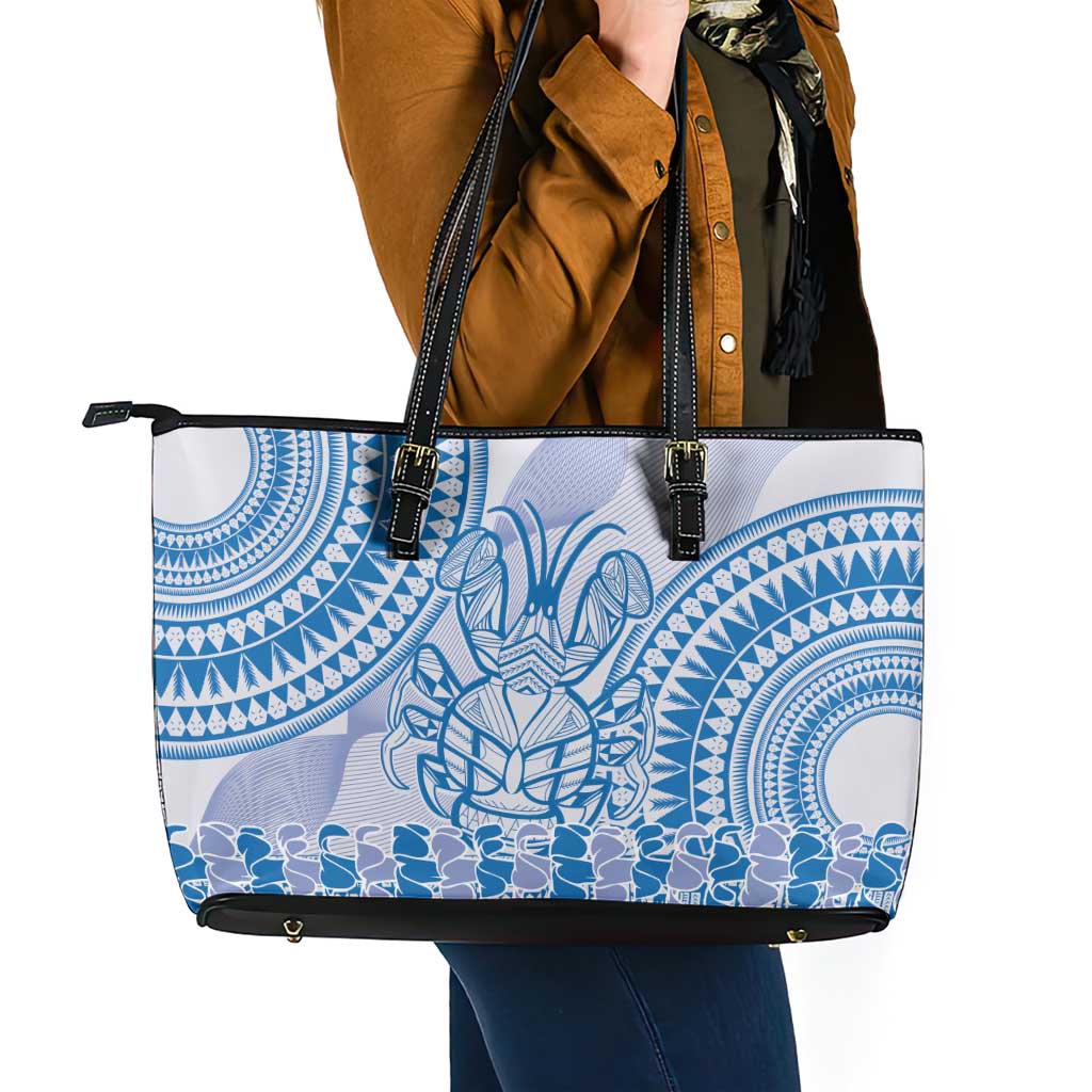 Niue Language Week Leather Tote Bag The Rock Coconut Crab - Siapo Blue Pastel LT14 - Polynesian Pride