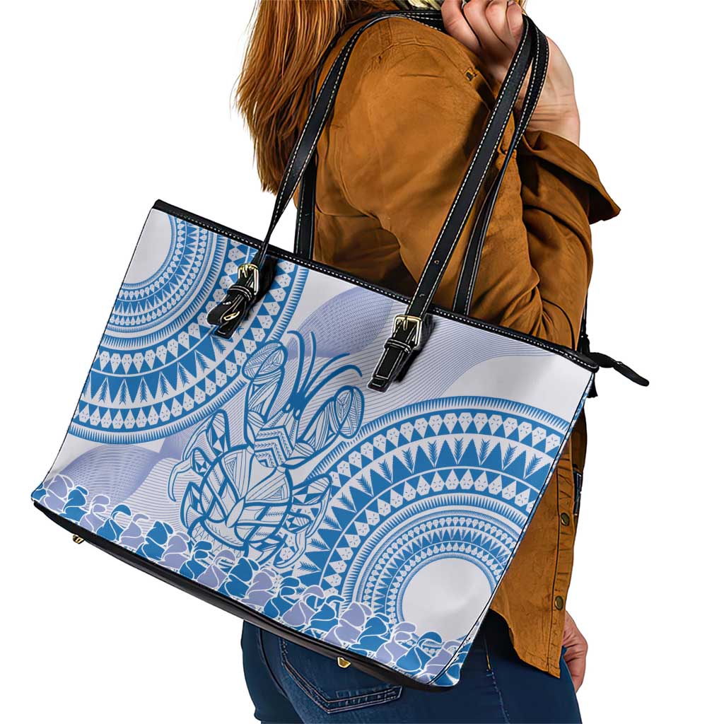 Niue Language Week Leather Tote Bag The Rock Coconut Crab - Siapo Blue Pastel LT14 - Polynesian Pride