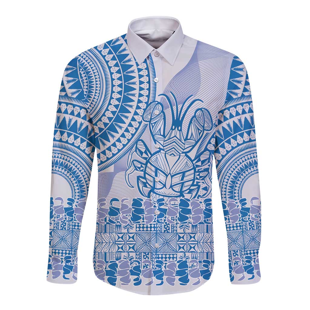 Niue Language Week Long Sleeve Button Shirt The Rock Coconut Crab - Siapo Blue Pastel