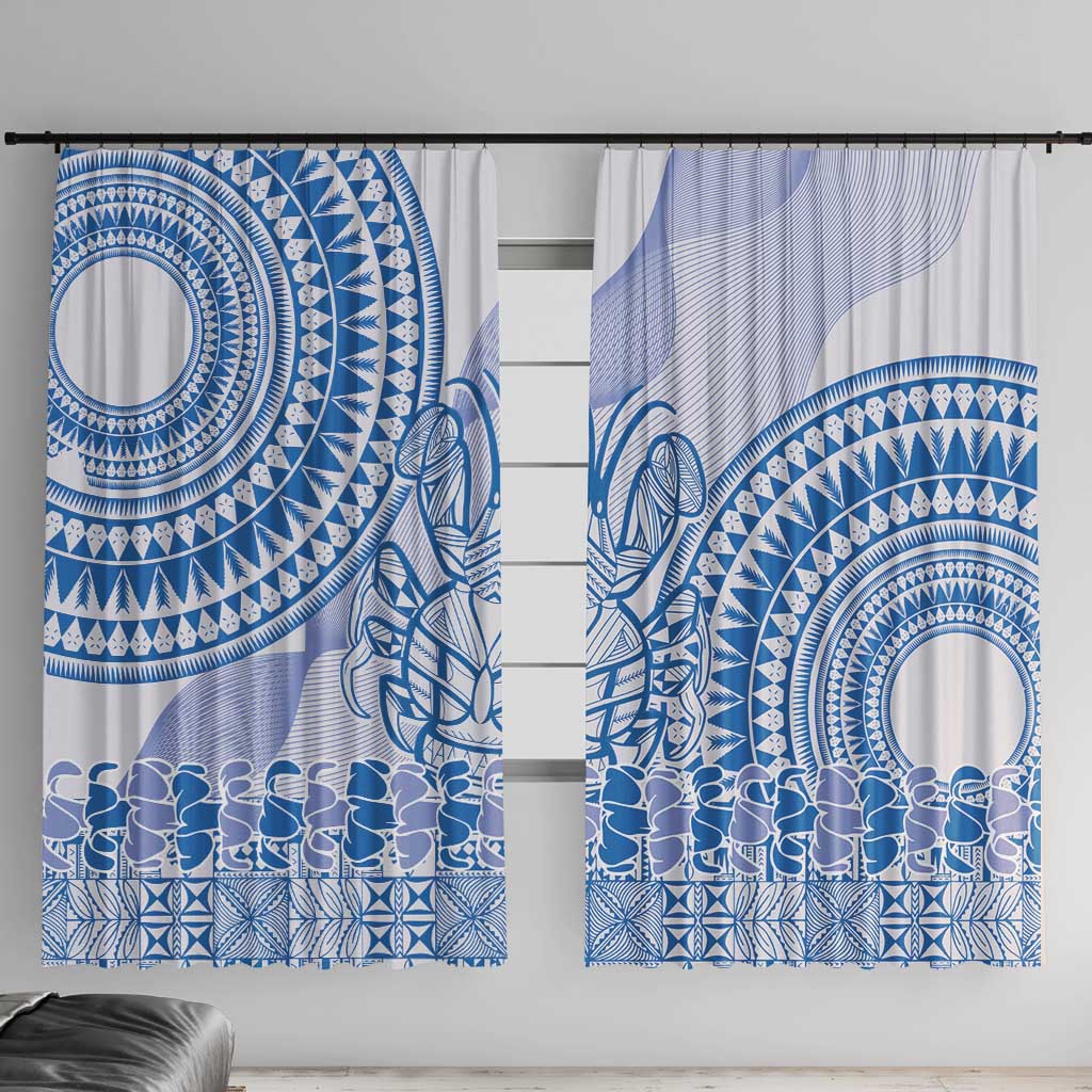 Niue Language Week Window Curtain The Rock Coconut Crab - Siapo Blue Pastel LT14 With Hooks Blue - Polynesian Pride