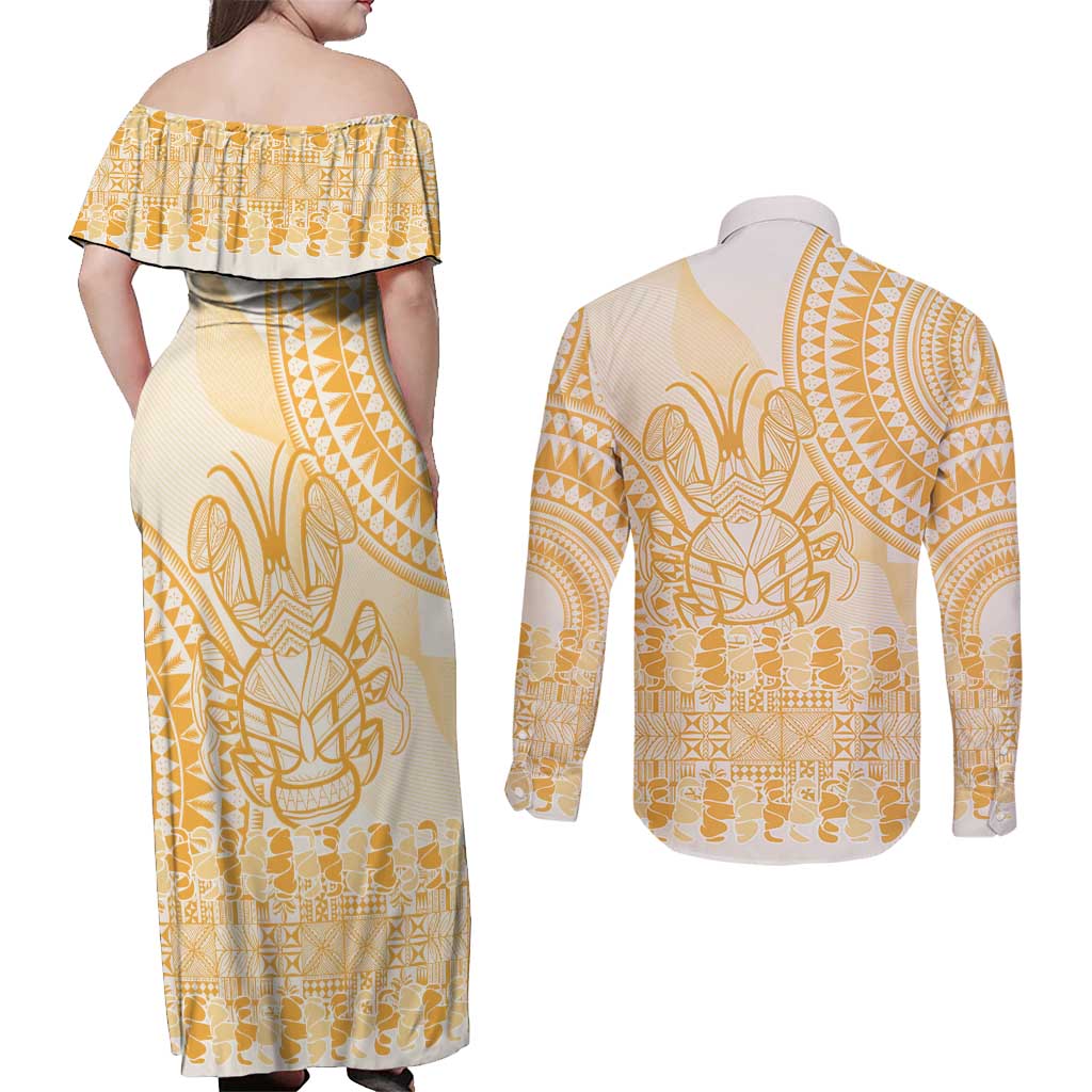 Niue Language Week Couples Matching Off Shoulder Maxi Dress and Long Sleeve Button Shirt The Rock Coconut Crab - Siapo Gold Pastel