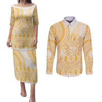 Niue Language Week Couples Matching Puletasi and Long Sleeve Button Shirt The Rock Coconut Crab - Siapo Gold Pastel LT14 Gold - Polynesian Pride