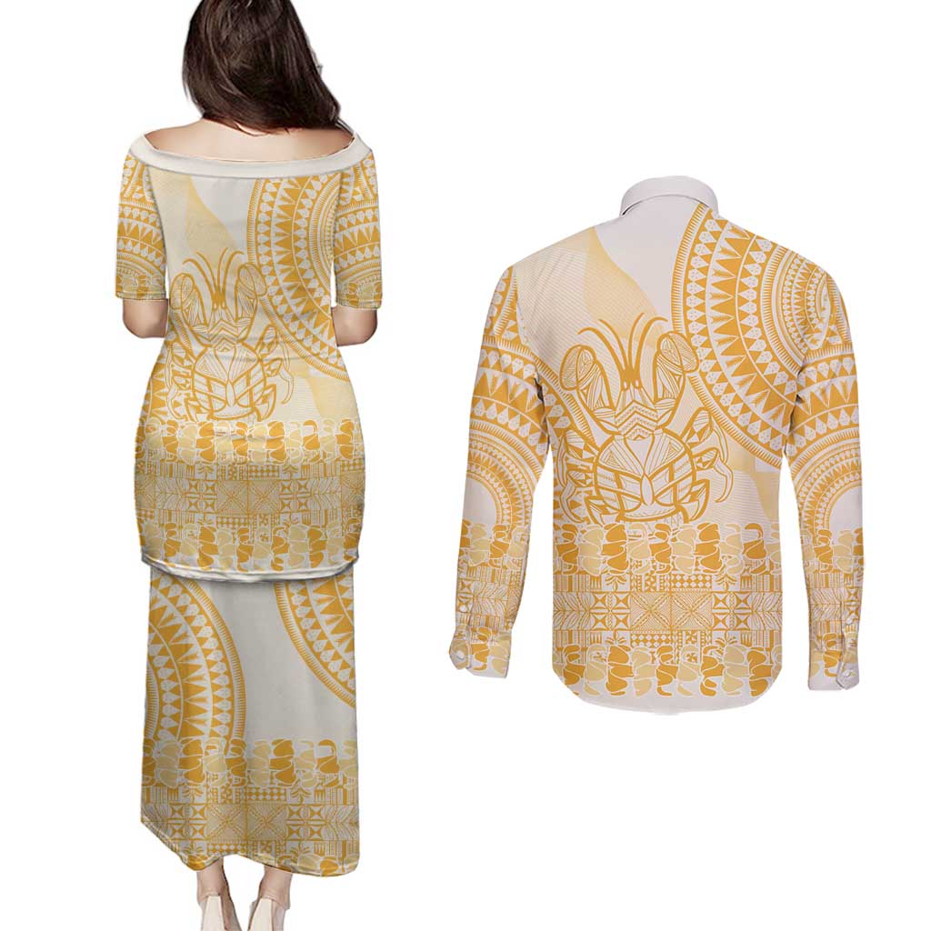 Niue Language Week Couples Matching Puletasi and Long Sleeve Button Shirt The Rock Coconut Crab - Siapo Gold Pastel LT14 - Polynesian Pride