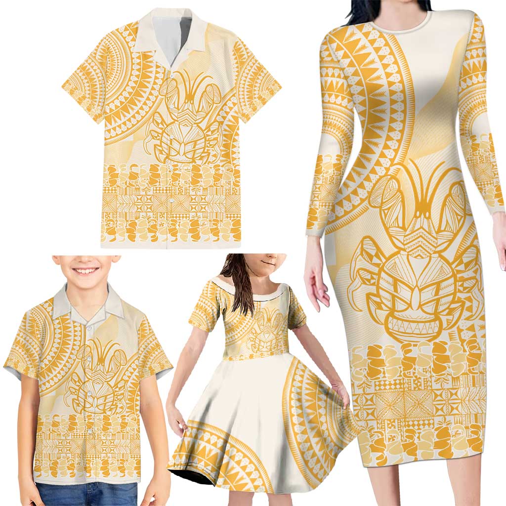 Niue Language Week Family Matching Long Sleeve Bodycon Dress and Hawaiian Shirt The Rock Coconut Crab - Siapo Gold Pastel