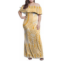 Niue Language Week Family Matching Off Shoulder Maxi Dress and Hawaiian Shirt The Rock Coconut Crab - Siapo Gold Pastel
