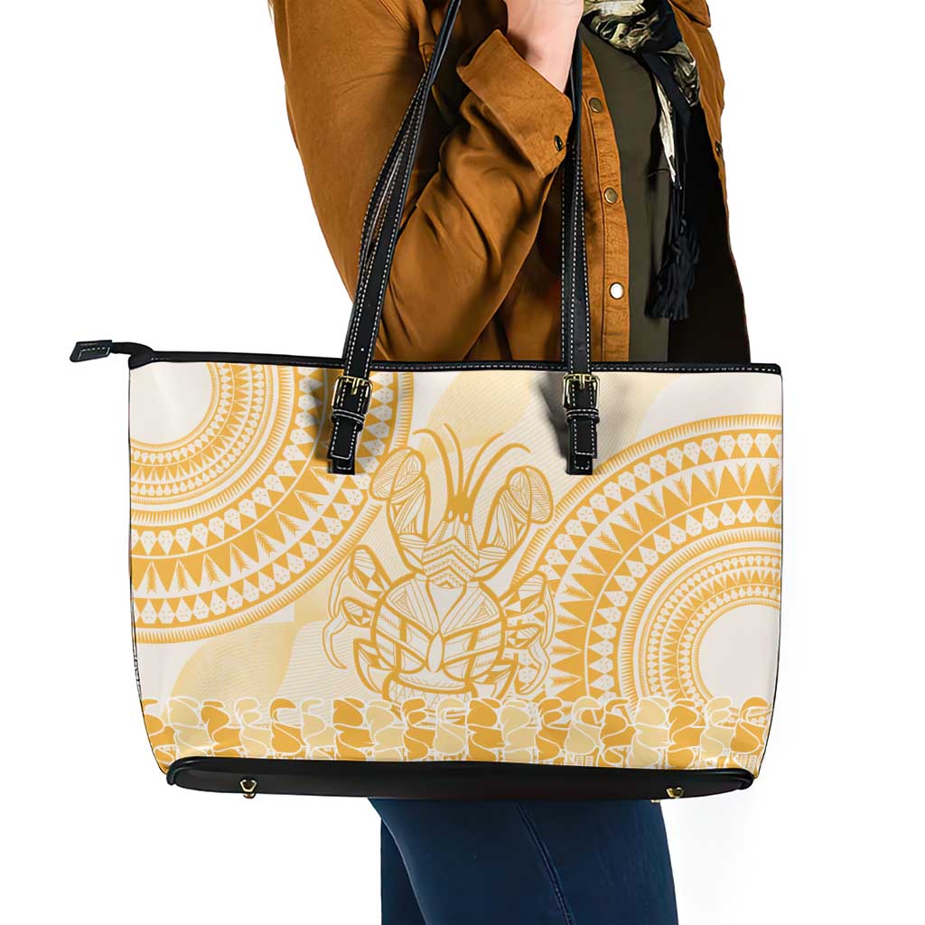 Niue Language Week Leather Tote Bag The Rock Coconut Crab - Siapo Gold Pastel LT14 - Polynesian Pride
