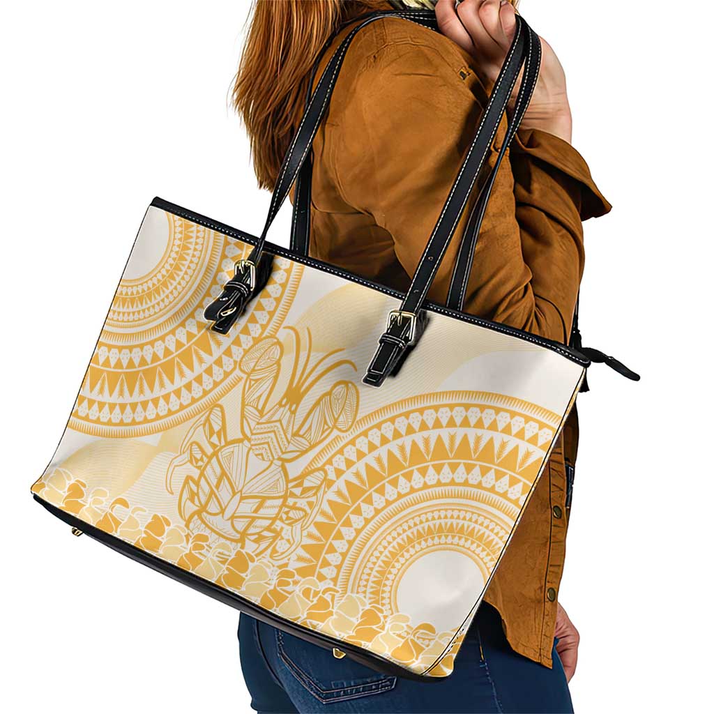 Niue Language Week Leather Tote Bag The Rock Coconut Crab - Siapo Gold Pastel LT14 - Polynesian Pride