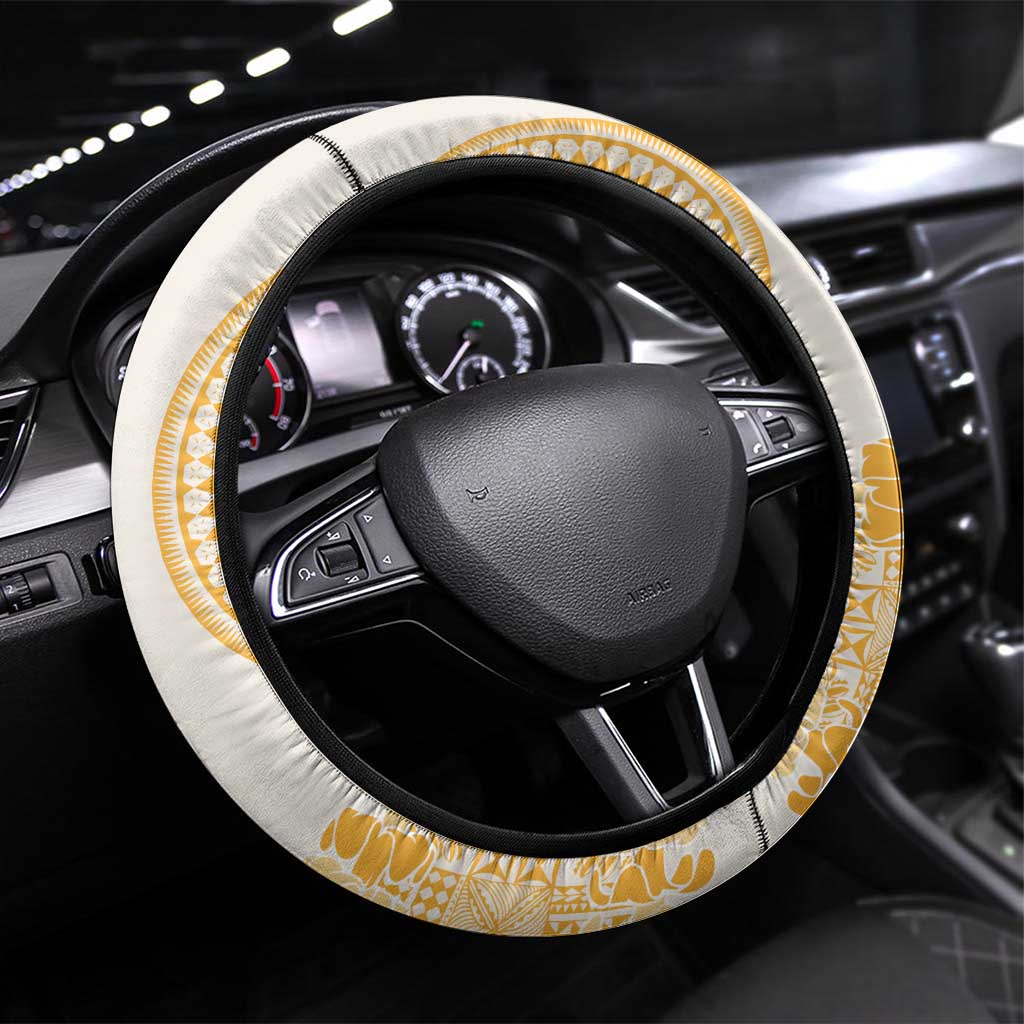 Niue Language Week Steering Wheel Cover The Rock Coconut Crab - Siapo Gold Pastel LT14 Universal Fit Gold - Polynesian Pride