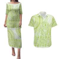 Lime Green Niue Language Week Couples Matching Puletasi and Hawaiian Shirt The Rock Coconut Crab - Siapo Pattern LT14 Lime Green - Polynesian Pride