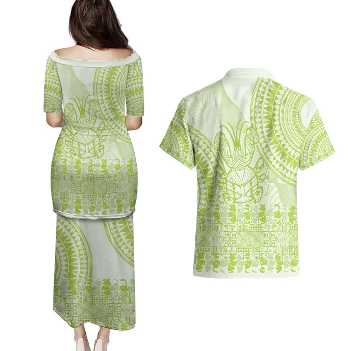 Lime Green Niue Language Week Couples Matching Puletasi and Hawaiian Shirt The Rock Coconut Crab - Siapo Pattern LT14 - Polynesian Pride