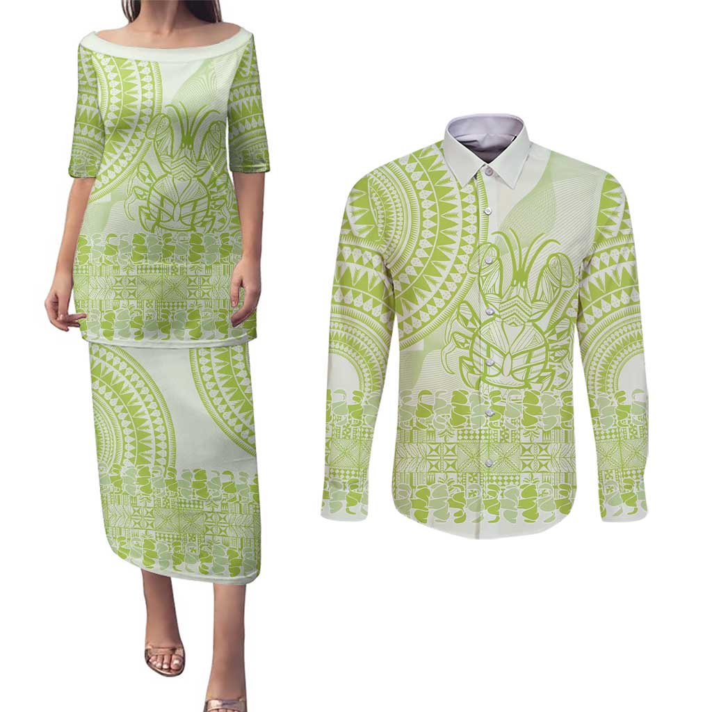 Lime Green Niue Language Week Couples Matching Puletasi and Long Sleeve Button Shirt The Rock Coconut Crab - Siapo Pattern LT14 Lime Green - Polynesian Pride