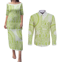 Lime Green Niue Language Week Couples Matching Puletasi and Long Sleeve Button Shirt The Rock Coconut Crab - Siapo Pattern LT14 Lime Green - Polynesian Pride