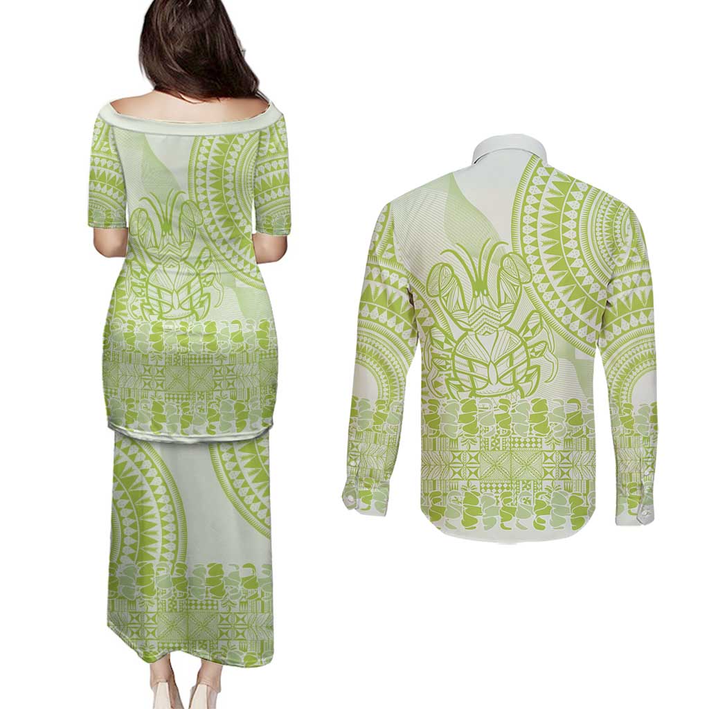 Lime Green Niue Language Week Couples Matching Puletasi and Long Sleeve Button Shirt The Rock Coconut Crab - Siapo Pattern LT14 - Polynesian Pride