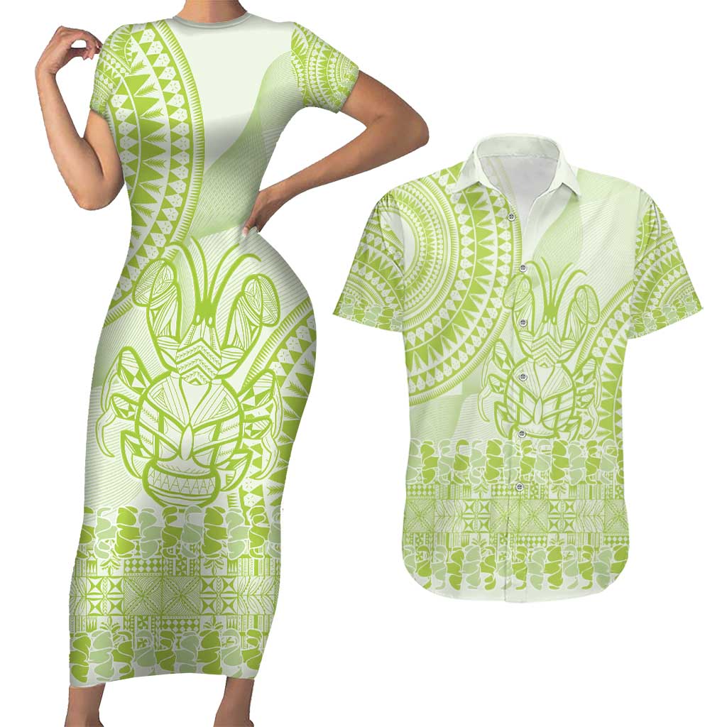 Lime Green Niue Language Week Couples Matching Short Sleeve Bodycon Dress and Hawaiian Shirt The Rock Coconut Crab - Siapo Pattern