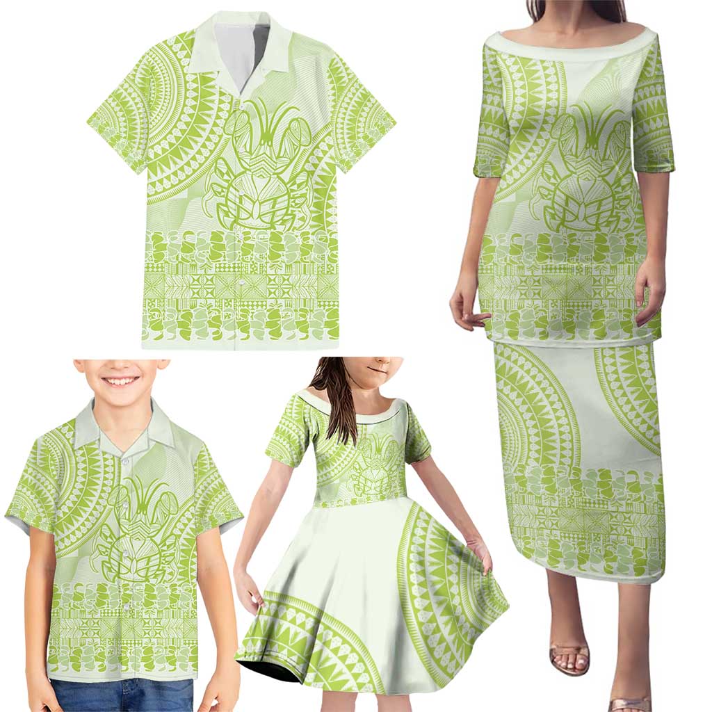 Lime Green Niue Language Week Family Matching Puletasi and Hawaiian Shirt The Rock Coconut Crab - Siapo Pattern