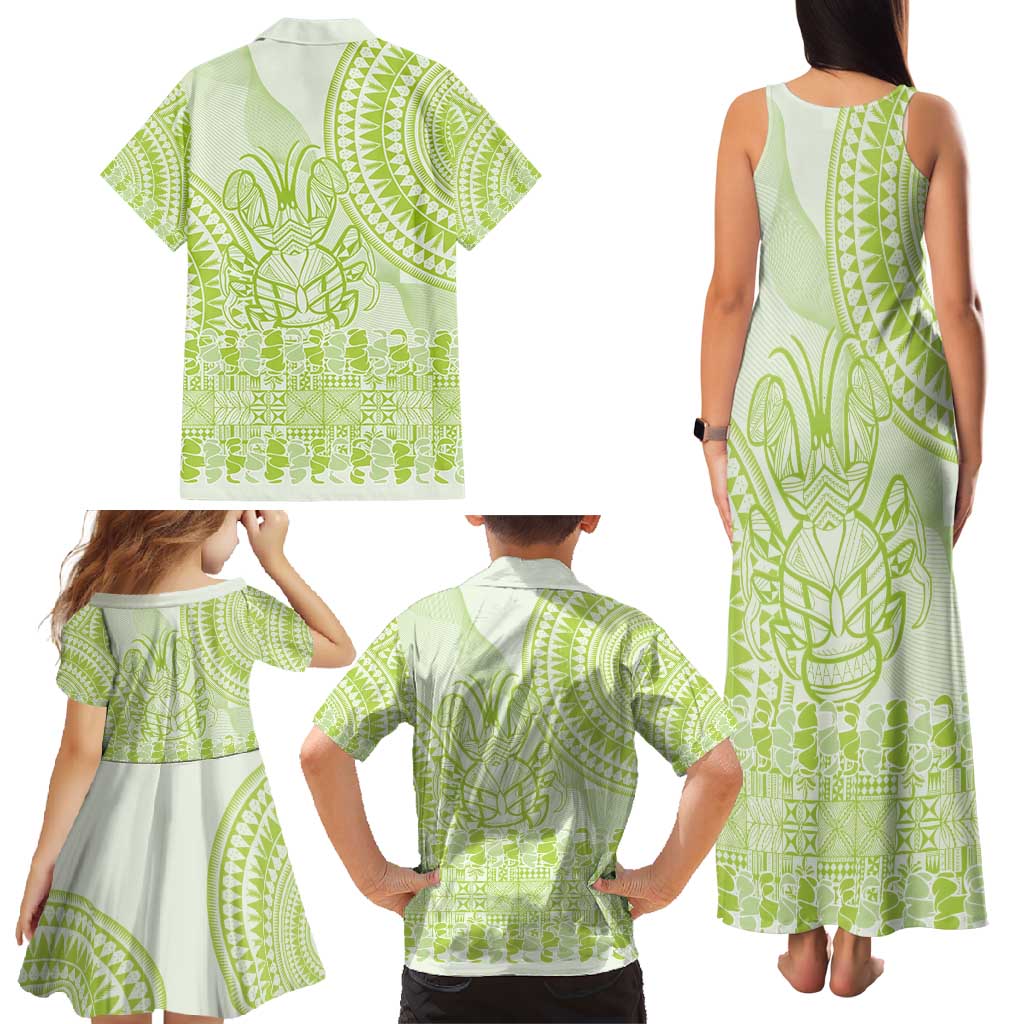 Lime Green Niue Language Week Family Matching Tank Maxi Dress and Hawaiian Shirt The Rock Coconut Crab - Siapo Pattern