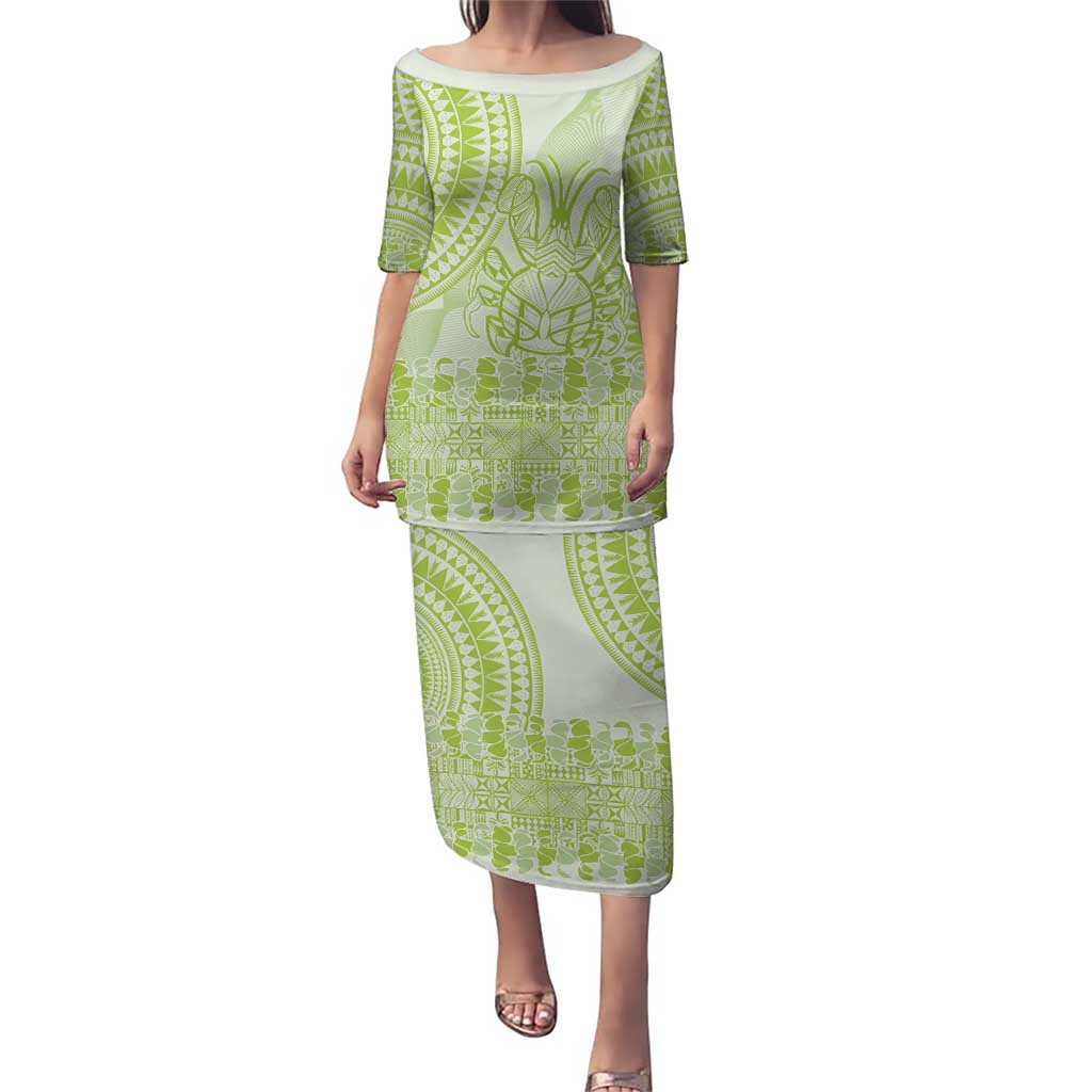 Lime Green Niue Language Week Puletasi The Rock Coconut Crab - Siapo Pattern LT14 Long Dress Lime Green - Polynesian Pride