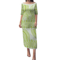 Lime Green Niue Language Week Puletasi The Rock Coconut Crab - Siapo Pattern LT14 Long Dress Lime Green - Polynesian Pride