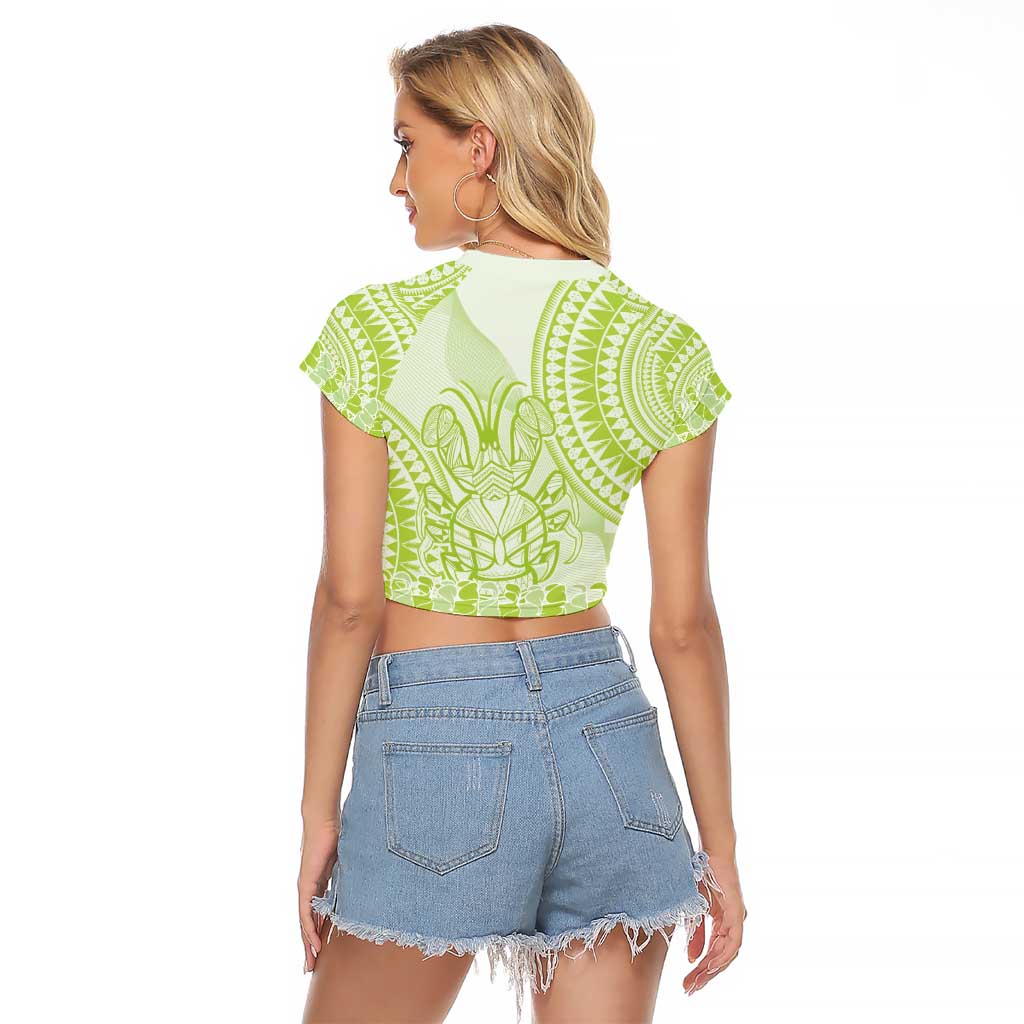Lime Green Niue Language Week Raglan Cropped T Shirt The Rock Coconut Crab - Siapo Pattern LT14 - Polynesian Pride