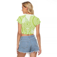 Lime Green Niue Language Week Raglan Cropped T Shirt The Rock Coconut Crab - Siapo Pattern LT14 - Polynesian Pride
