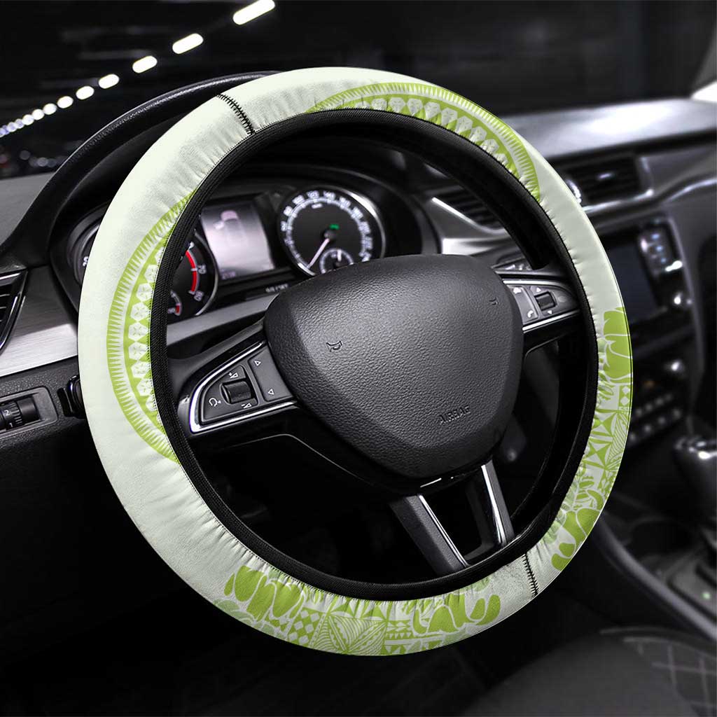 Lime Green Niue Language Week Steering Wheel Cover The Rock Coconut Crab - Siapo Pattern LT14 Universal Fit Lime Green - Polynesian Pride
