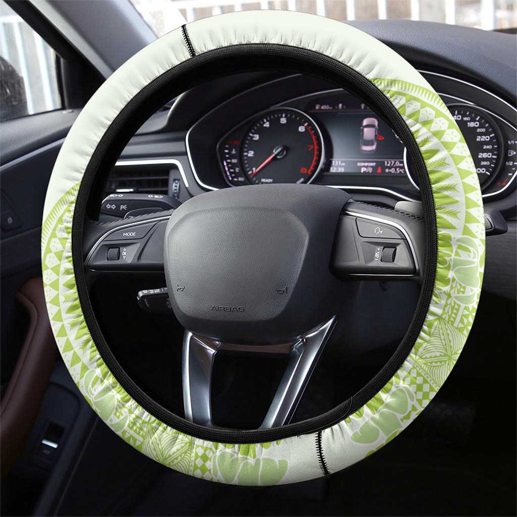 Lime Green Niue Language Week Steering Wheel Cover The Rock Coconut Crab - Siapo Pattern LT14 - Polynesian Pride