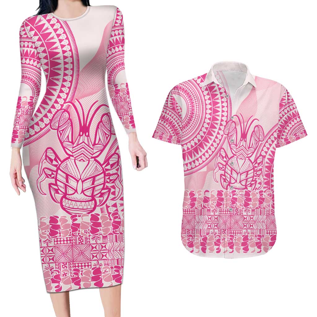 Pink Niue Language Week Couples Matching Long Sleeve Bodycon Dress and Hawaiian Shirt The Rock Coconut Crab - Siapo Pattern