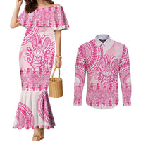 Pink Niue Language Week Couples Matching Mermaid Dress and Long Sleeve Button Shirt The Rock Coconut Crab - Siapo Pattern