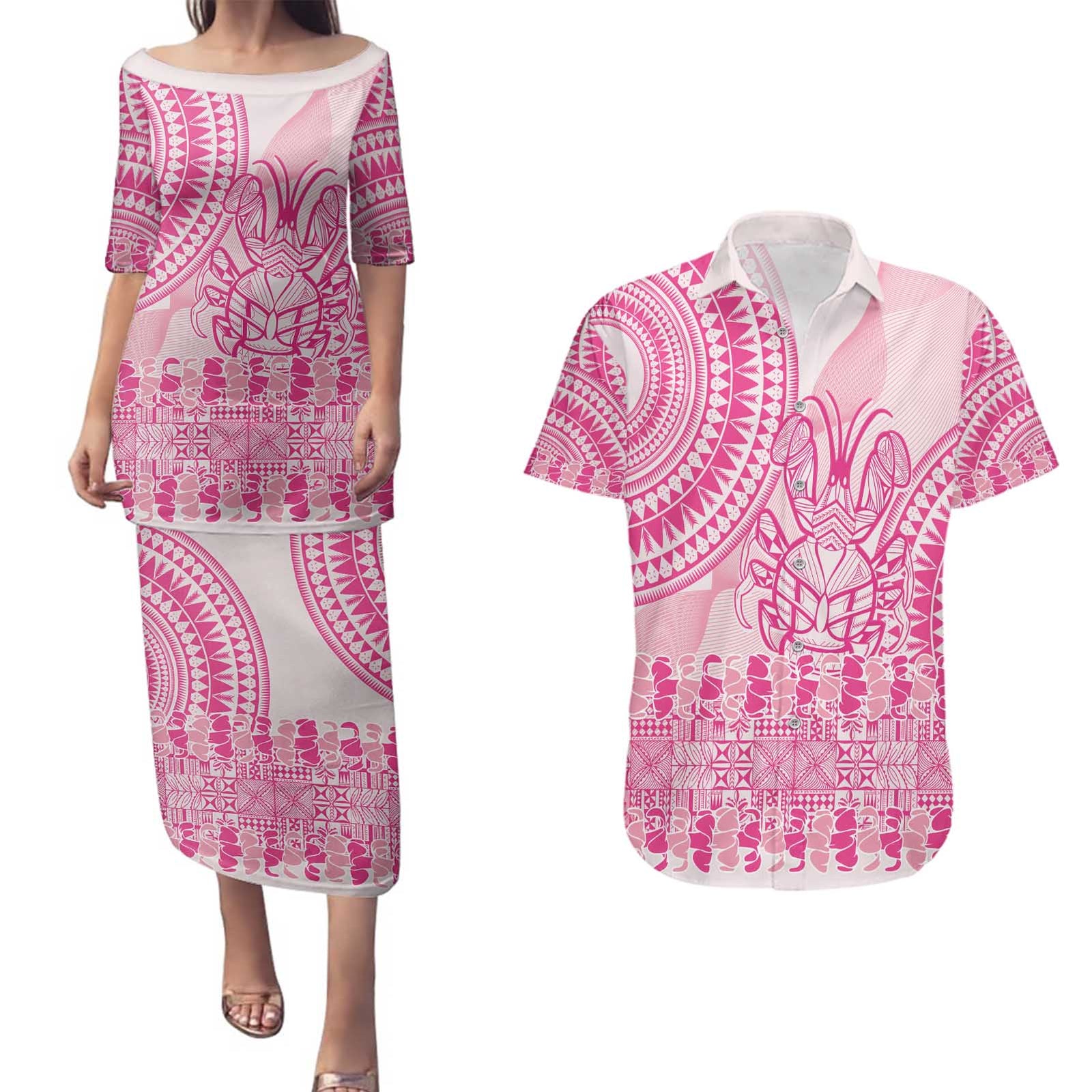 Pink Niue Language Week Couples Matching Puletasi and Hawaiian Shirt The Rock Coconut Crab - Siapo Pattern LT14 Pink - Polynesian Pride