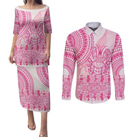 Pink Niue Language Week Couples Matching Puletasi and Long Sleeve Button Shirt The Rock Coconut Crab - Siapo Pattern LT14 Pink - Polynesian Pride