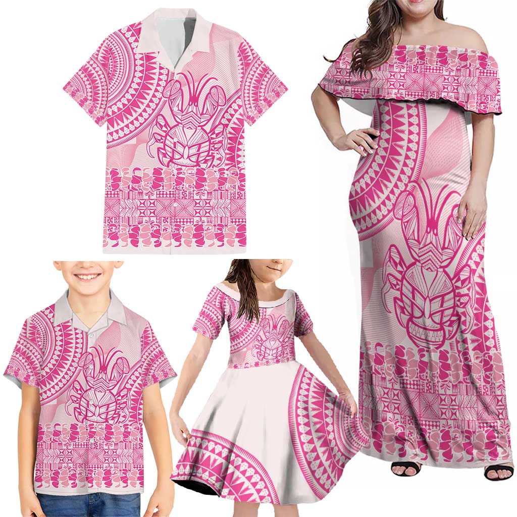 Pink Niue Language Week Family Matching Off Shoulder Maxi Dress and Hawaiian Shirt The Rock Coconut Crab - Siapo Pattern