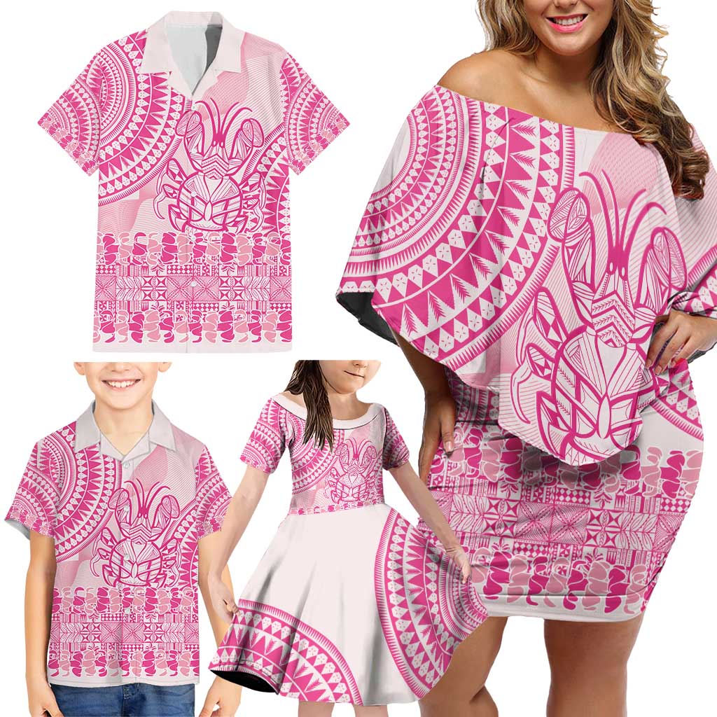 Pink Niue Language Week Family Matching Off Shoulder Short Dress and Hawaiian Shirt The Rock Coconut Crab - Siapo Pattern