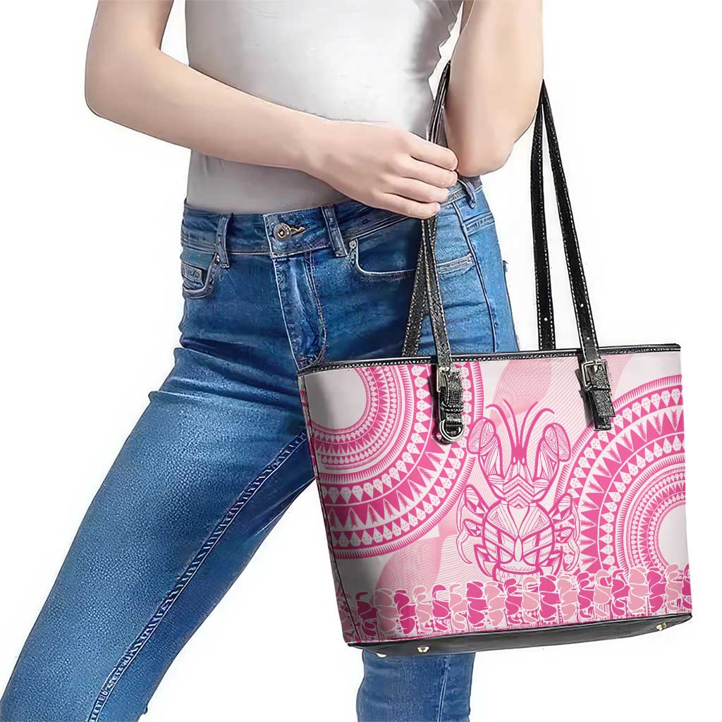 Pink Niue Language Week Leather Tote Bag The Rock Coconut Crab - Siapo Pattern LT14 - Polynesian Pride