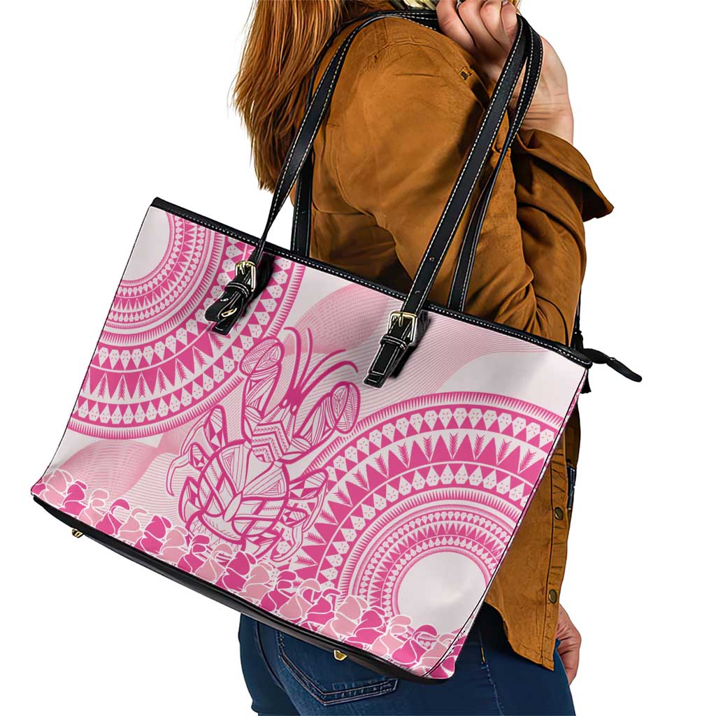 Pink Niue Language Week Leather Tote Bag The Rock Coconut Crab - Siapo Pattern LT14 - Polynesian Pride