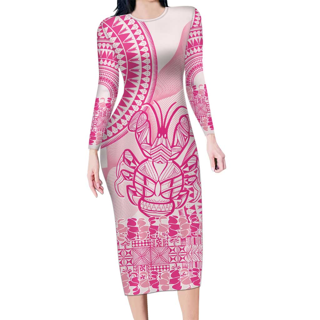 Pink Niue Language Week Long Sleeve Bodycon Dress The Rock Coconut Crab - Siapo Pattern