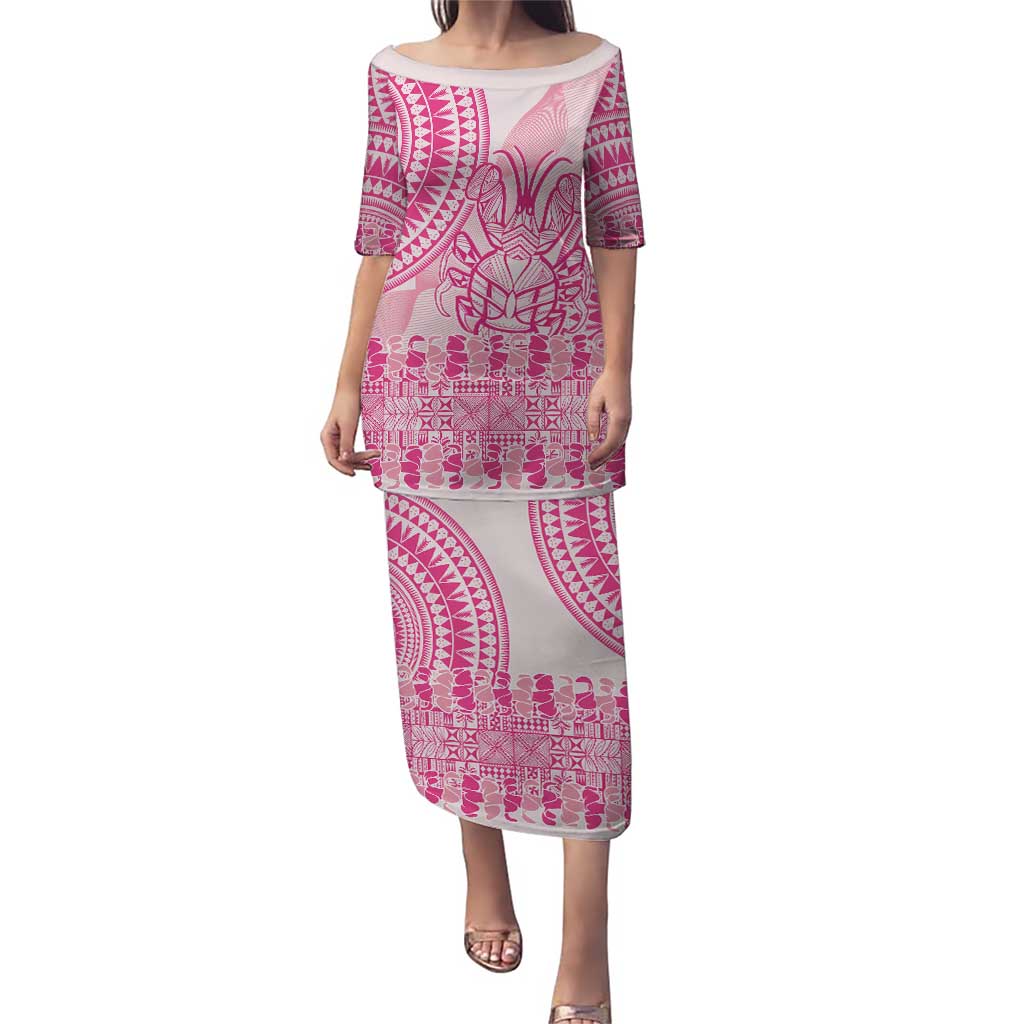 Pink Niue Language Week Puletasi The Rock Coconut Crab - Siapo Pattern LT14 Long Dress Pink - Polynesian Pride