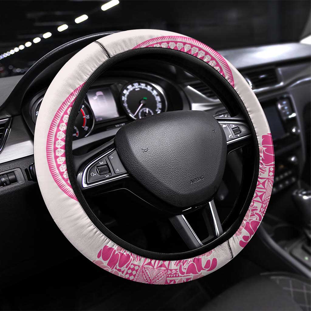 Pink Niue Language Week Steering Wheel Cover The Rock Coconut Crab - Siapo Pattern LT14 Universal Fit Pink - Polynesian Pride